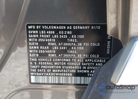 2012 Volkswagen Tiguan Sel z USA, uszkodzony, nr VIN WVGAV7AX3CW005068